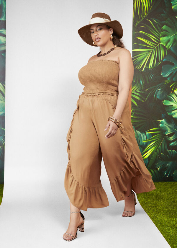 Ruffled Side Split Pants, Tan image number 0