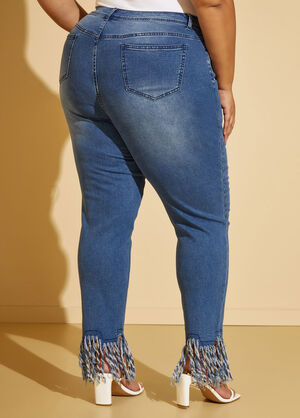 Mid Rise Fringed Skinny Jeans, Medium Blue image number 1