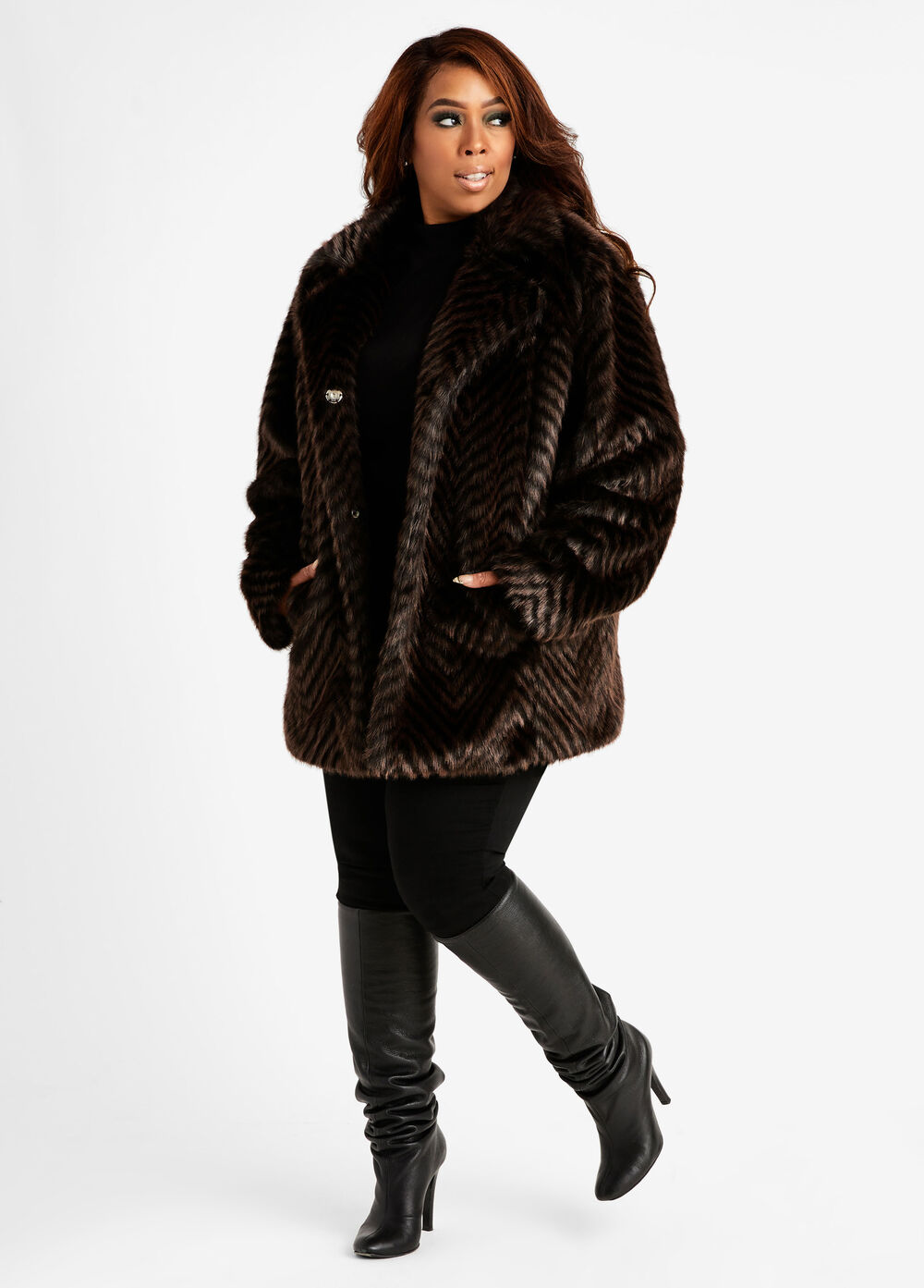 Plus Size Trendy Faux Fur Chevron Luxe Designer Long Satin Lined Coat