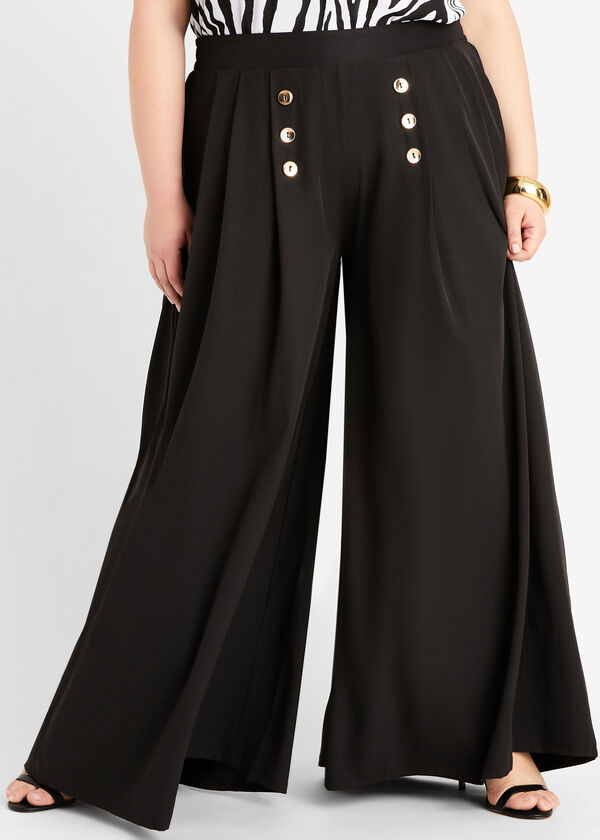 Plus Size Button Pleated High Waist Pull On Palazzo Wide Leg Pant