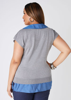 Chambray Paneled V Neck Sweater, Heather Grey image number 1