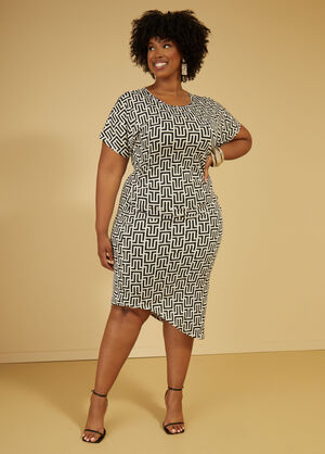 Printed Asymmetric Ruched Dress, White Black image number 0