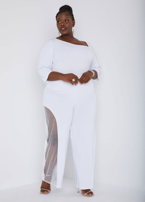 Embellished Mesh Paneled Jumpsuit, White image number 0