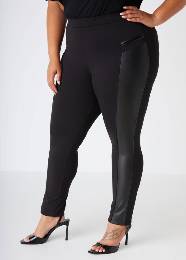 Faux Leather Paneled Leggings, Black image number 0