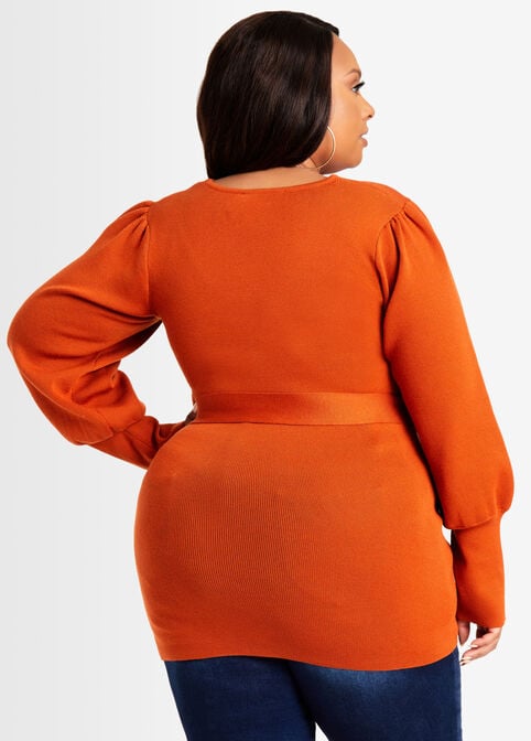 Belted Cutout Balloon Sleeve Sweater, Rooibos image number 1