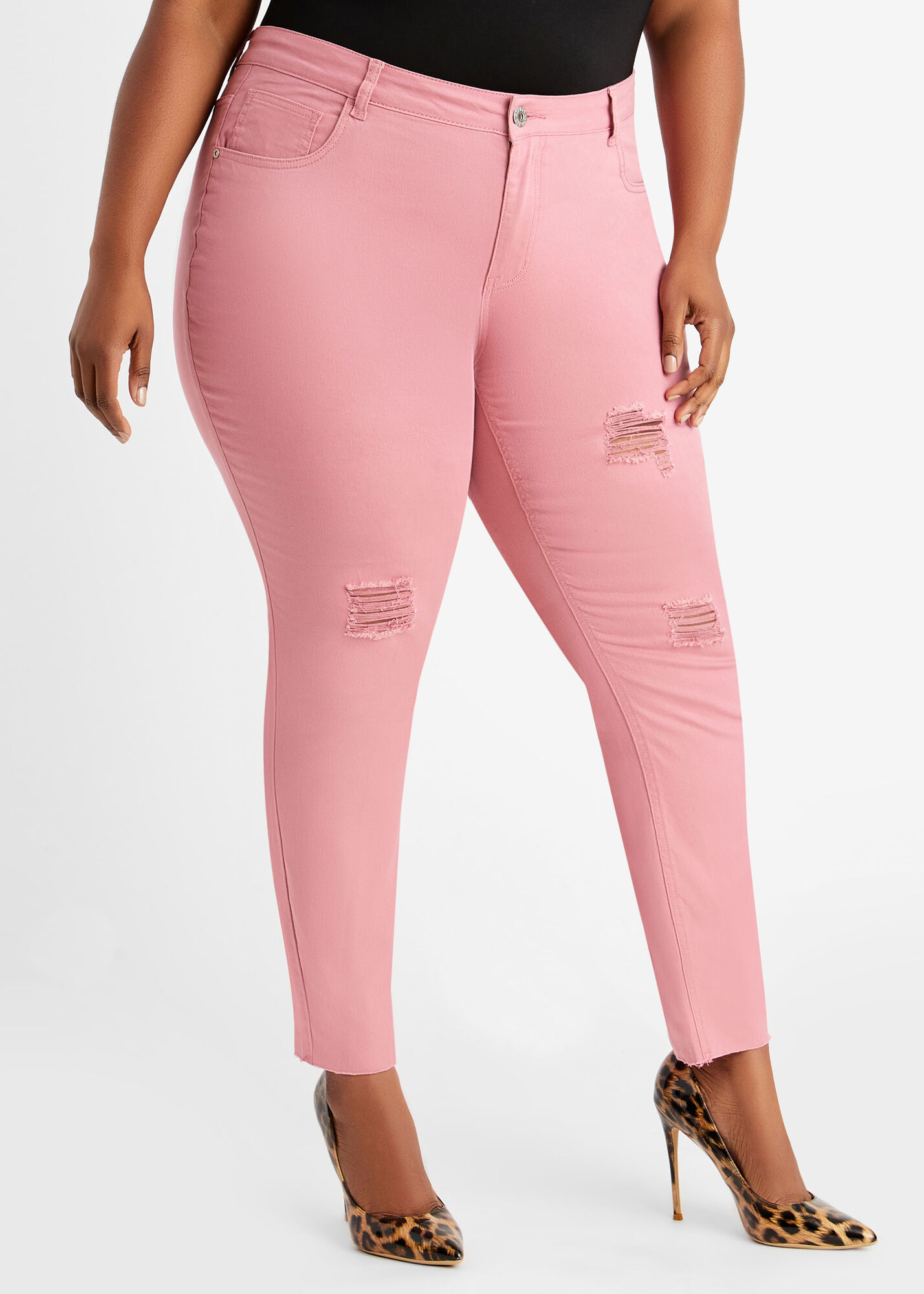 Plus Size Pink Distressed Waist Stretchy Jeans Jeggings