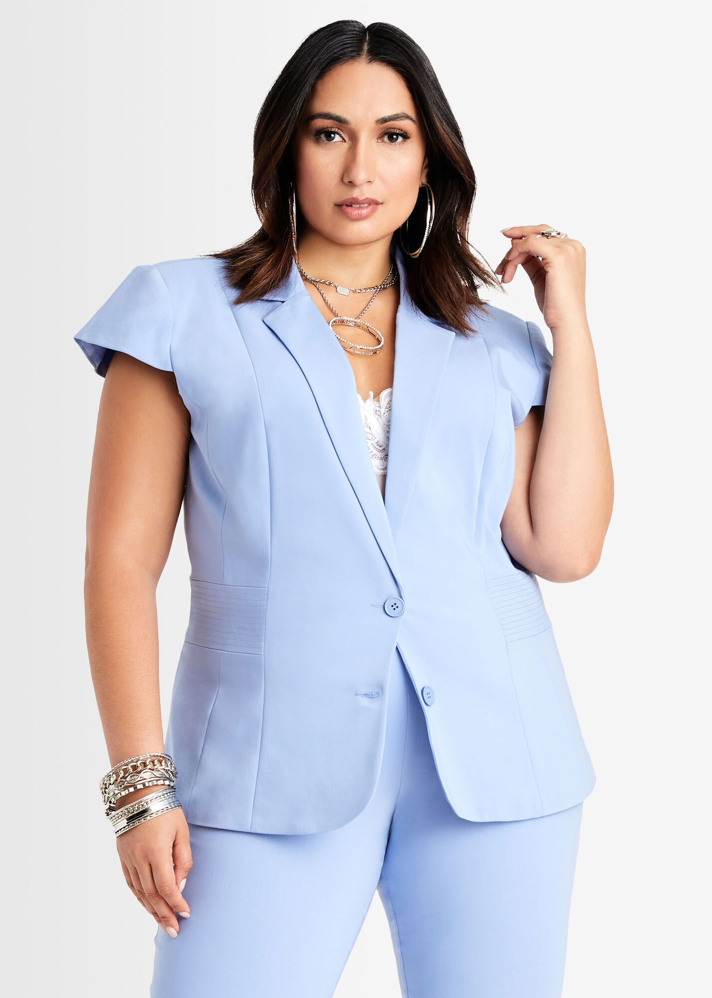 Trechter webspin straal kleuring Plus Size Lace Up Belted Cap Sleeve Blazer Ankle Pant 2pc Suit