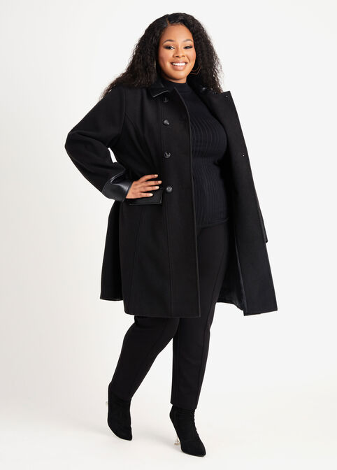 Paneled Faux Wool A Line Coat, Black image number 2