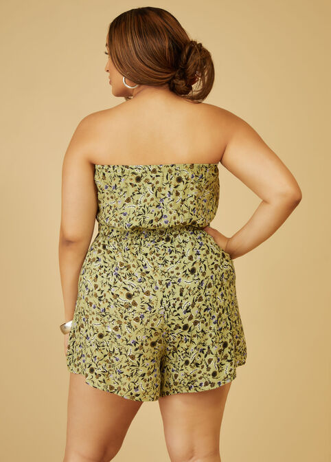 Floral Print Strapless Romper, Light Pastel Green image number 1