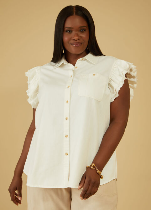 Ruffled Denim Shirt, Ivory image number 0