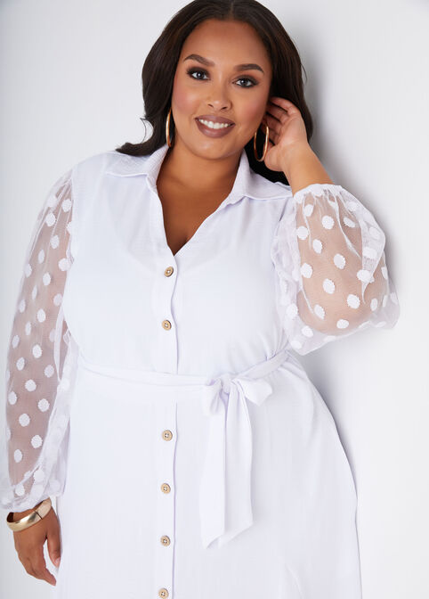 Dotted Mesh Sleeved Shirtdress, White image number 2