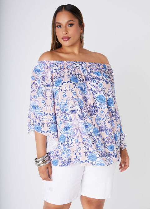 Printed Off The Shoulder Woven Top, Pink image number 0