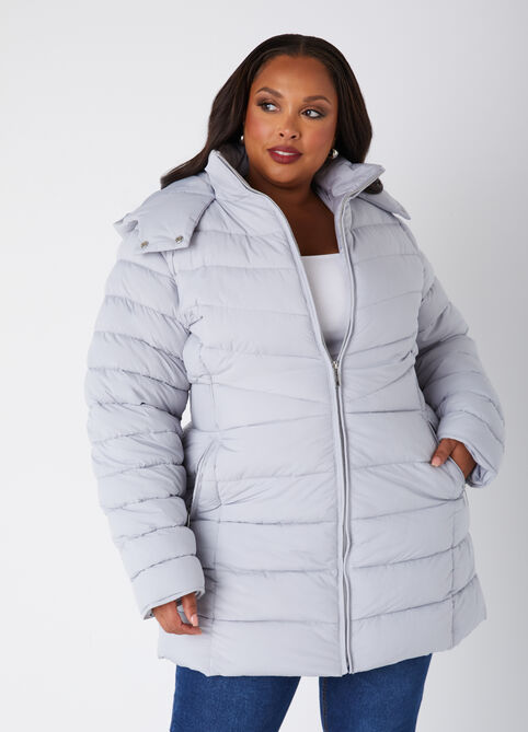 Hooded Ribbed Puffer Coat, Silver image number 0