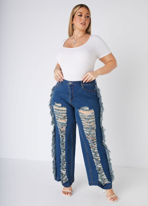 Fringed Distressed Wide Leg Jeans, Dk Rinse image number 3