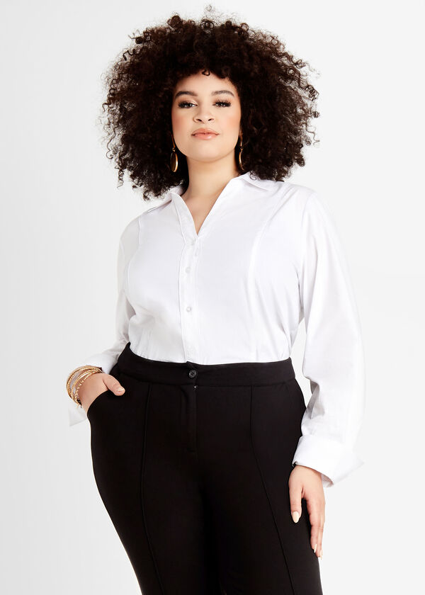 Plus Size Classic White Cotton Woven Basic Button Up Long Sleeve Top