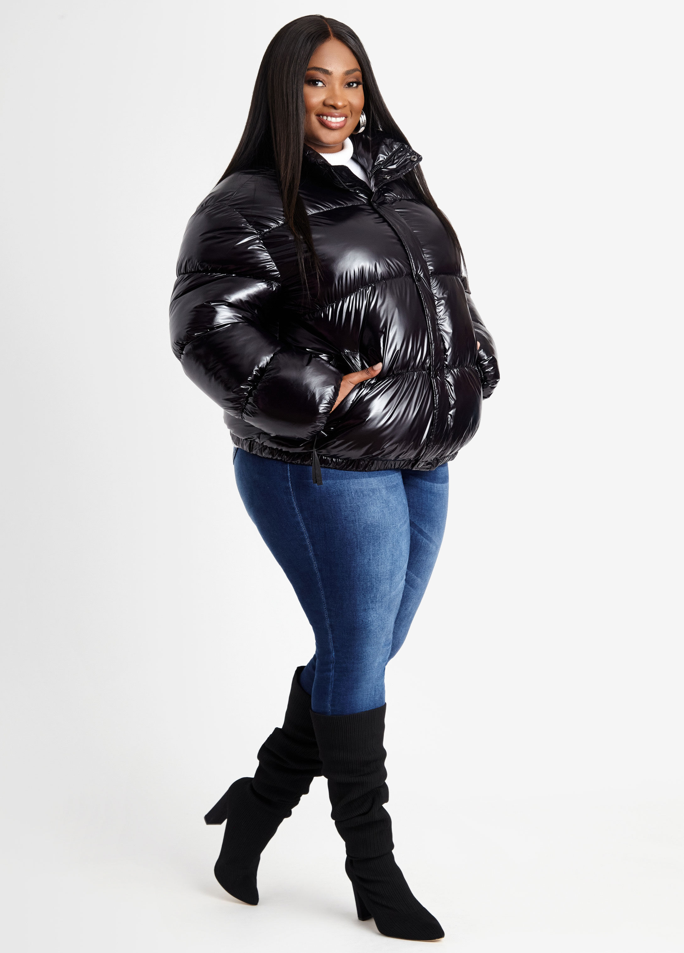 Plus size shiny puffer jacket best sale