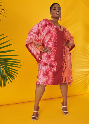 Tie Dyed Embroidered Kaftan Dress, Boudior Red image number 0