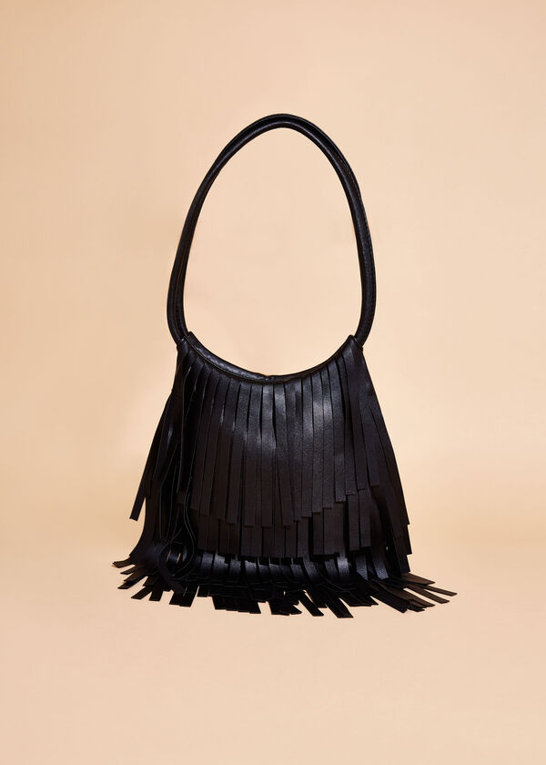 Faux Leather Fringed Bag, Black image number 1