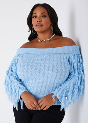 Off The Shoulder Fringed Sweater, POWDER BLUE image number 0