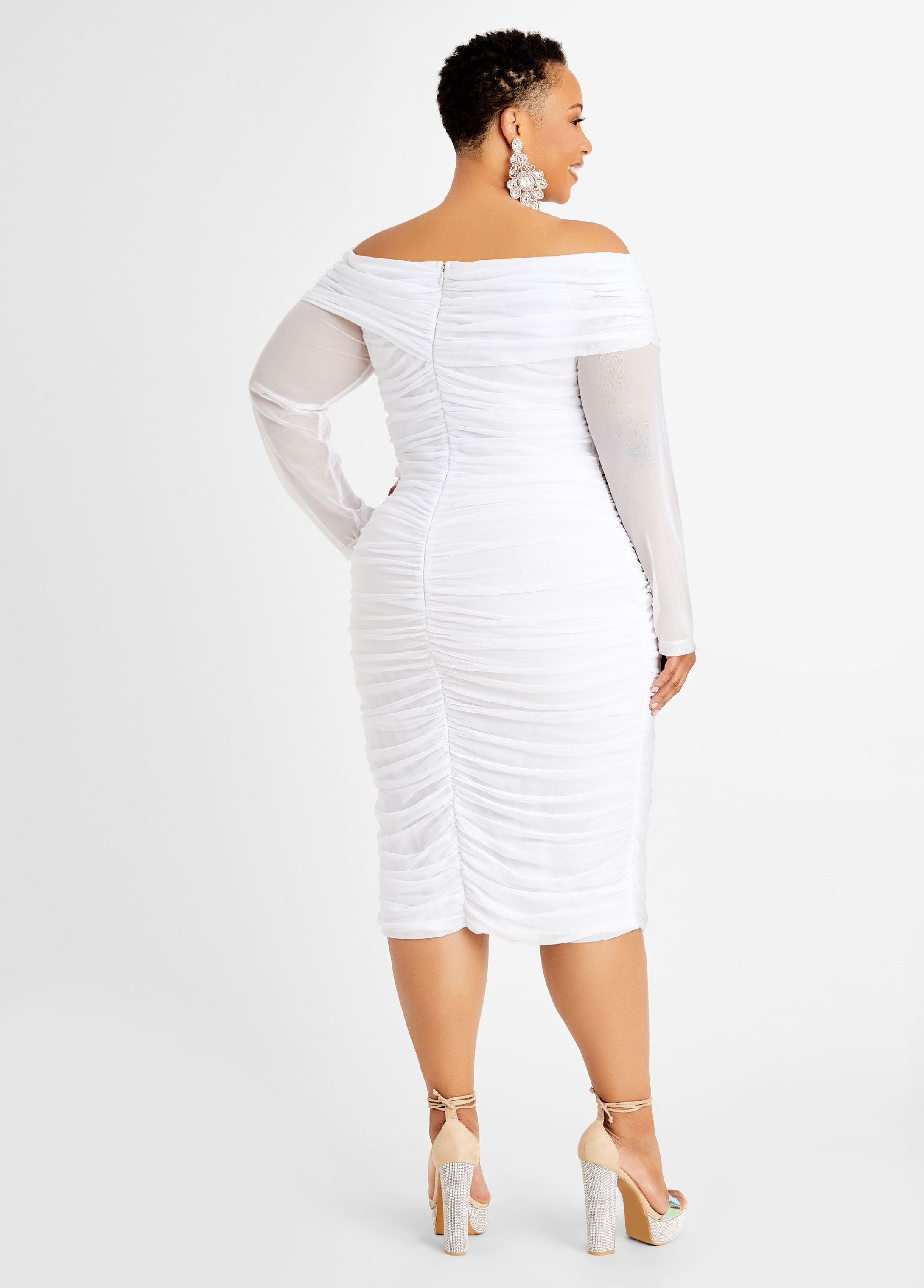 plus white mesh ruched bardot midi dress