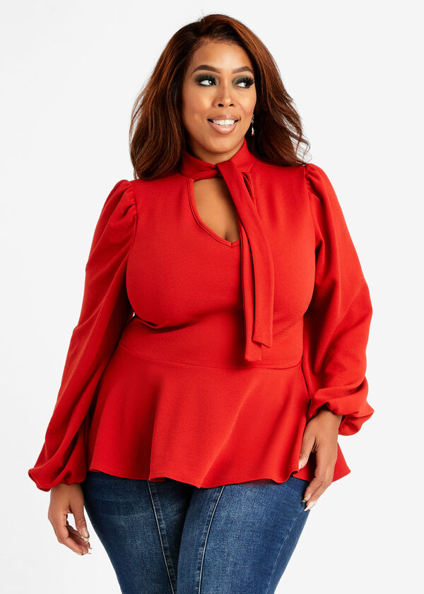 Plus Size Abstract Tie Neck Puff Sleeve Cutout Mock Neck Peplum Top
