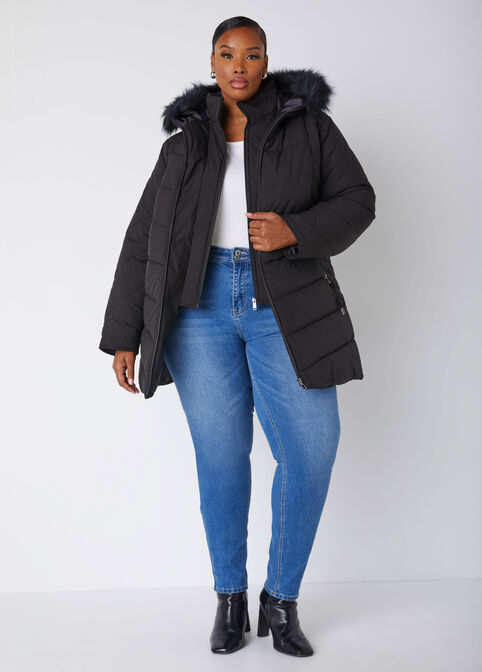 Snap Detailed Hooded Puffer Coat, Black image number 4