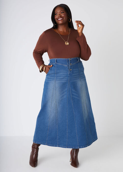 Seamed Denim Maxi Skirt, Medium Blue image number 0