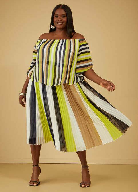 Pleated Striped Midi Skirt, White image number 0