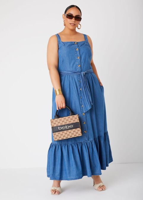 Flounced Chambray Maxi Dress, Dk Rinse image number 4