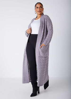 Open Front Cable Knit Duster, Heather Grey image number 0