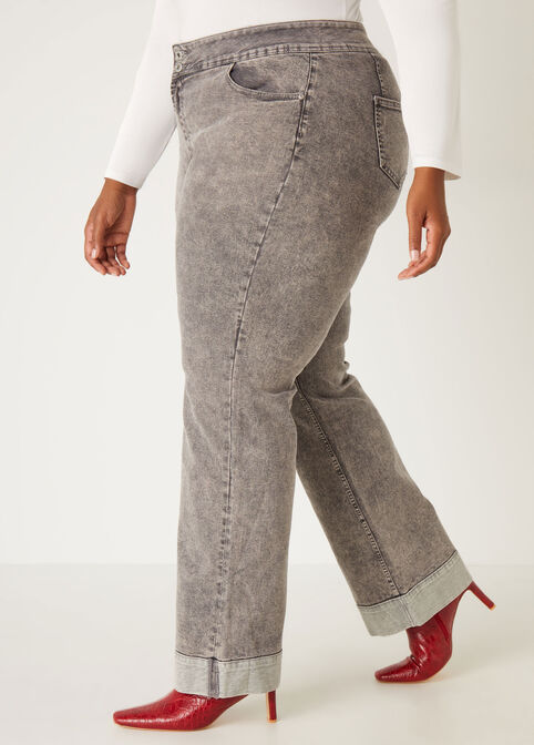 Cuffed Acid Wash Wide Leg Jeans, Grey image number 4