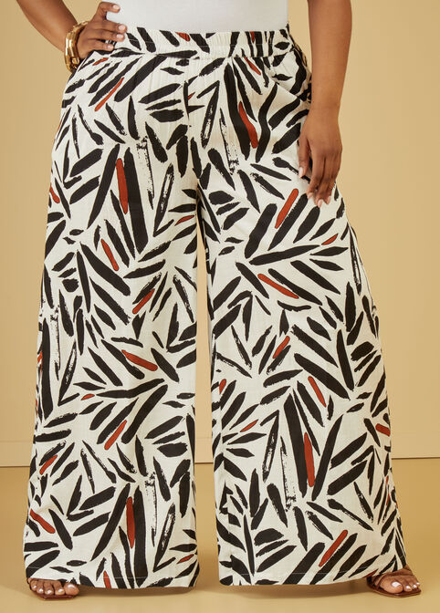 High Waist Printed Wide Leg Pants, White Black image number 2