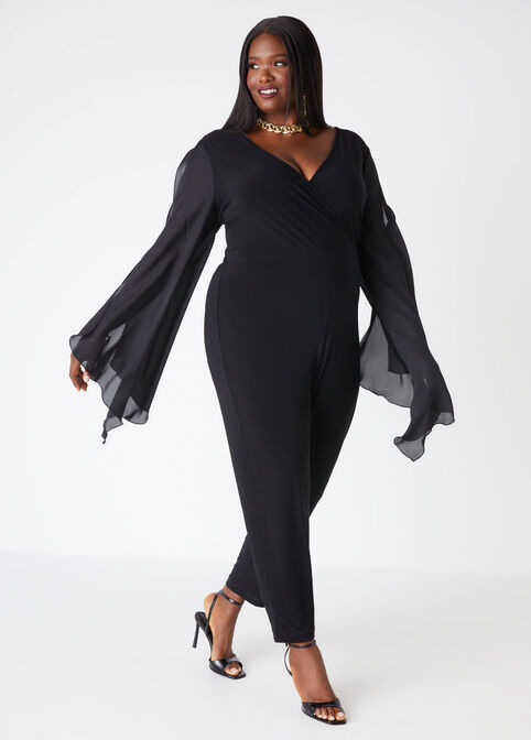 Drama Sleeved Faux Wrap Jumpsuit, Black image number 2