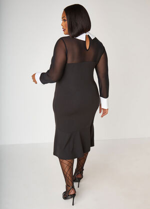 Mesh Paneled Midi Bodycon Dress, Black image number 1