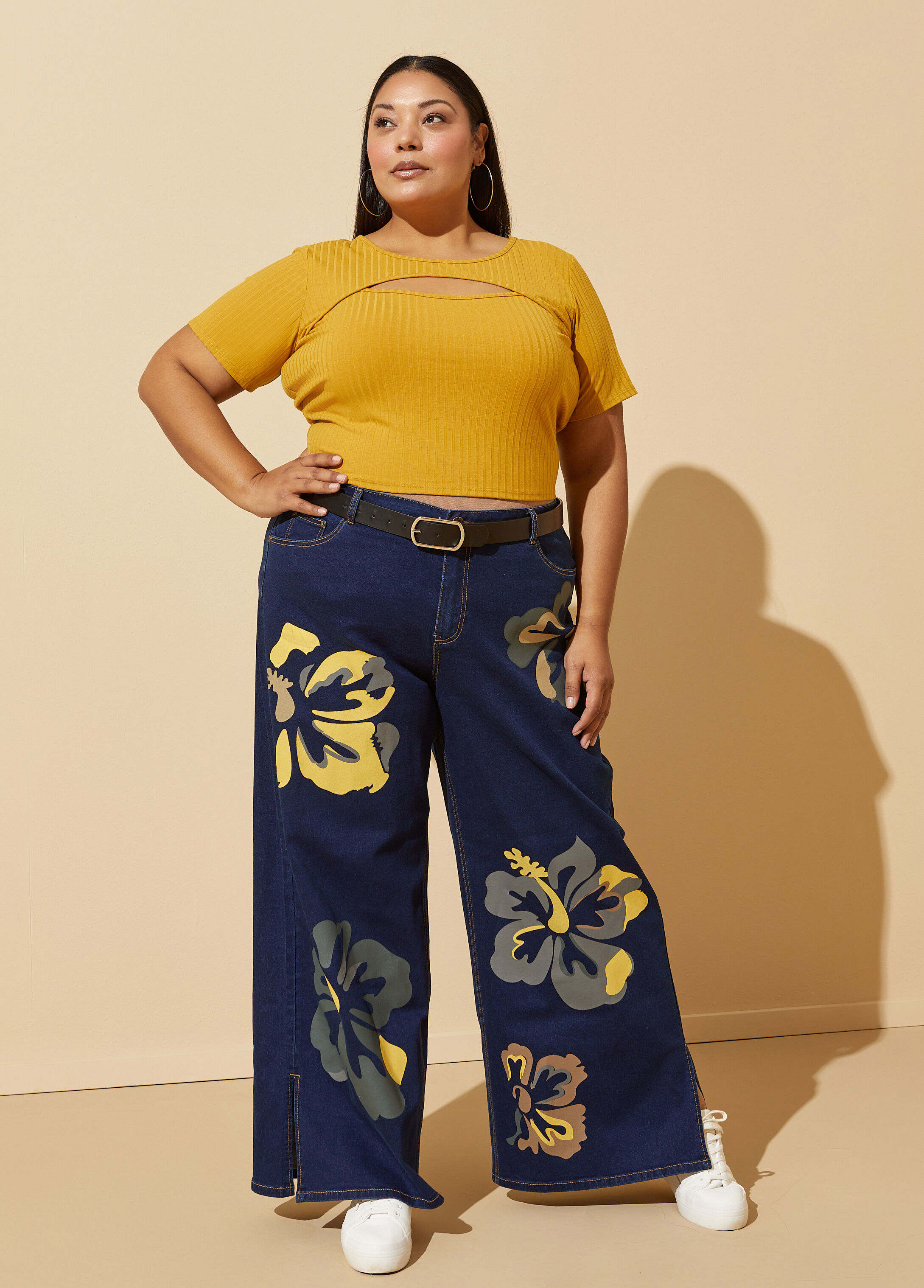 Plus Size Floral Wide Leg Jeans High Waist Wide Leg Denim Trousers