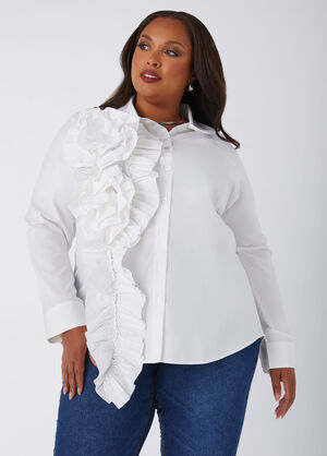 Ruffled Cotton Blend Poplin Shirt, White image number 0