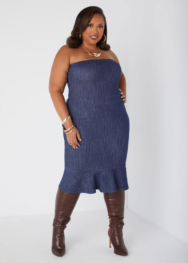 Strapless Textured Denim Dress, Denim Blue image number 0