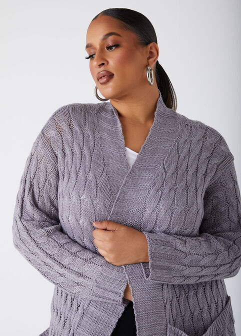 Open Front Cable Knit Duster, Heather Grey image number 2