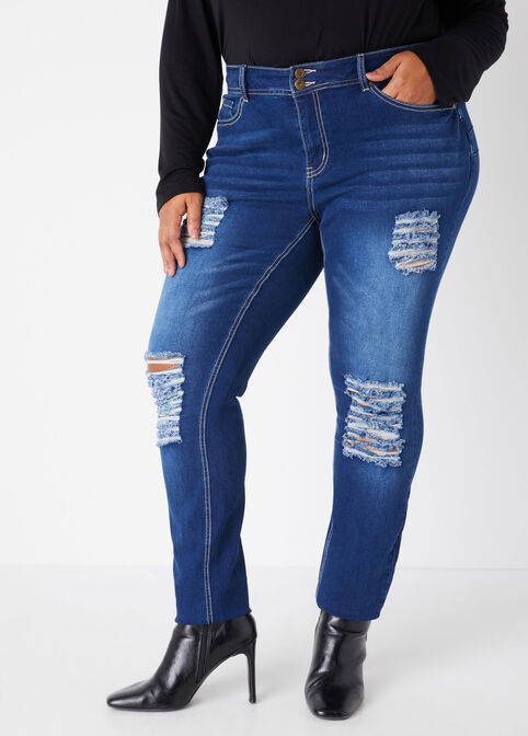 Distressed High Rise Skinny Jeans, Dk Rinse image number 0