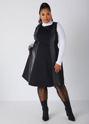 Faux Leather Paneled A Line Dress, Black image number 0