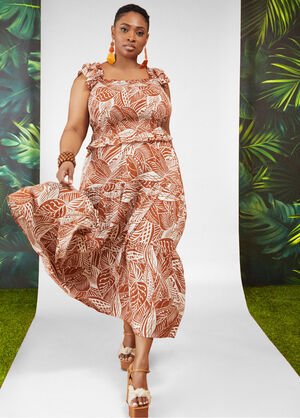 Tiered Tropical Print Maxi Skirt, Caramel Cafe image number 0