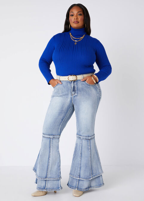 Tiered Bell Bottom Jeans, Medium Blue image number 4