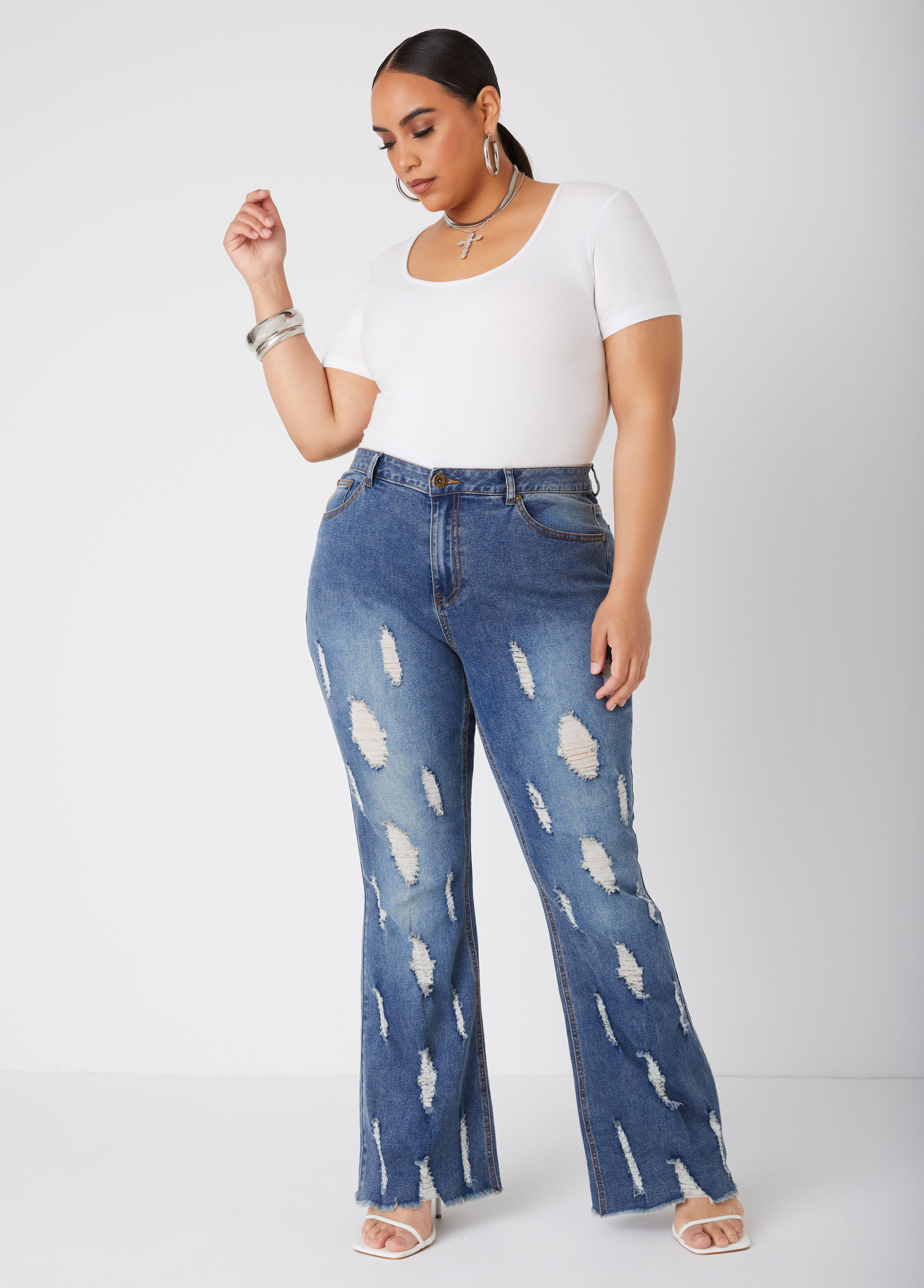 Distressed High Rise Flared Jeans