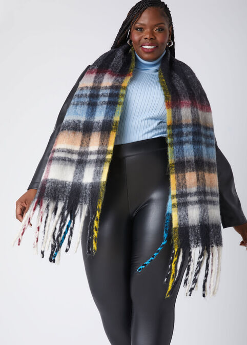 Fringe Trimmed Brushed Plaid Scarf, Multi image number 1