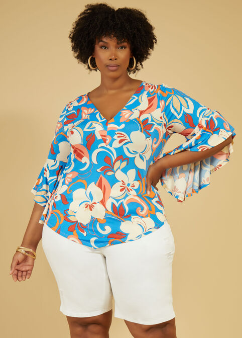 Floral Print Drama Sleeved Top, Blue image number 0