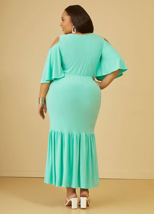 Cold Shoulder Flounced Maxi Dress, Turquoise Aqua image number 1
