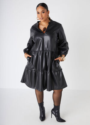 Tiered Faux Leather A Line Dress, Black image number 0