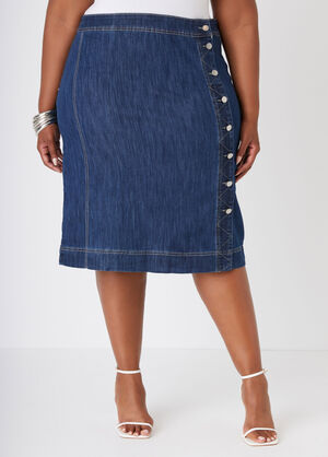 Buttoned Denim Pencil Skirt, Denim Blue image number 0