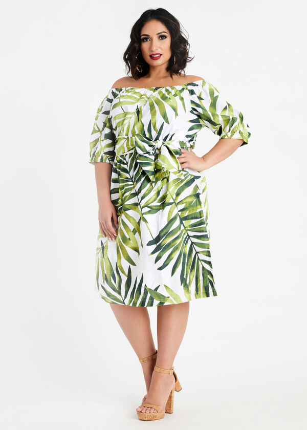 Plus Size Palm Tree Cotton Off Shoulder Puff Sleeve Belted Midi Dress