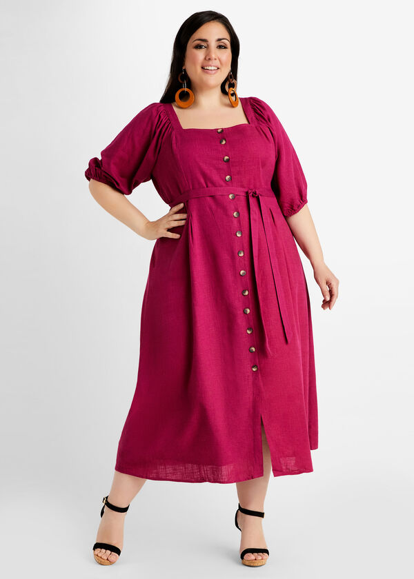 Plus Size Belted Linen Square Neck Puff Sleeve Summer Midi Dresses